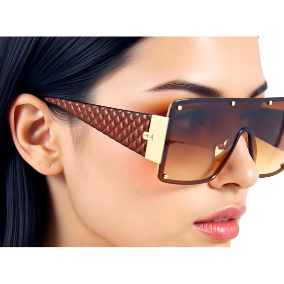 Accessories - Women Sunglasses Square Big Shades studed Gold Metal Shield Retro Vintage Style